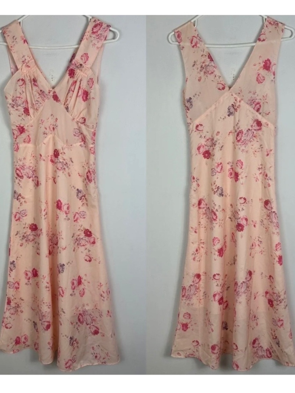 Pink Floral Maxi Dress Womens Size XS V-Neckline‎ Y2K Bohemian Romantic Lined
